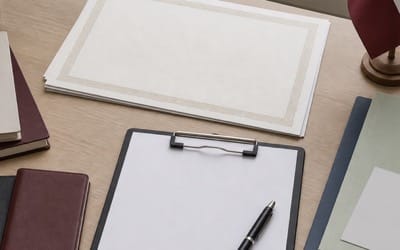 Uz galda salikti izglītības un identitātes dokumenti blakus tukšai veidlapai un pildspalvai, bez redzama teksta un bez cilvēkiem kadrā.